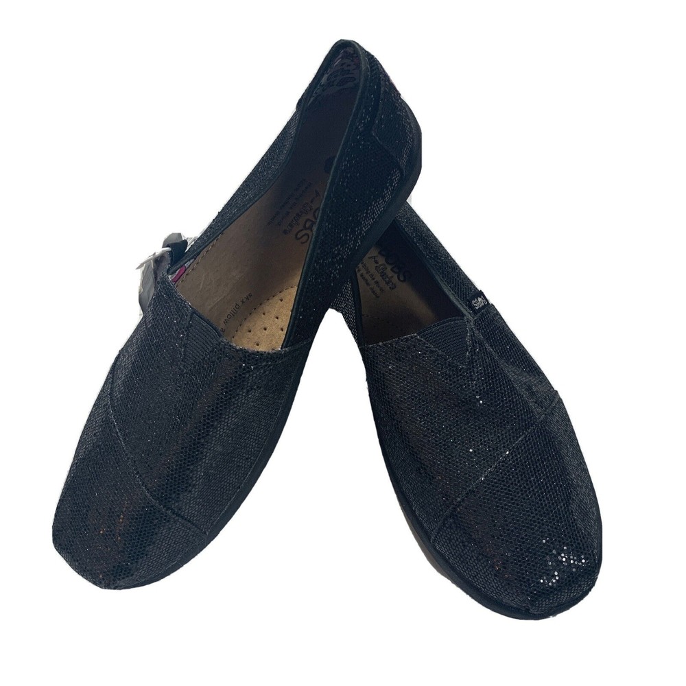 Skechers Lil Bobs Kids Slip On Loafers Shoes Black Sparkle Glitter Girls Size 5